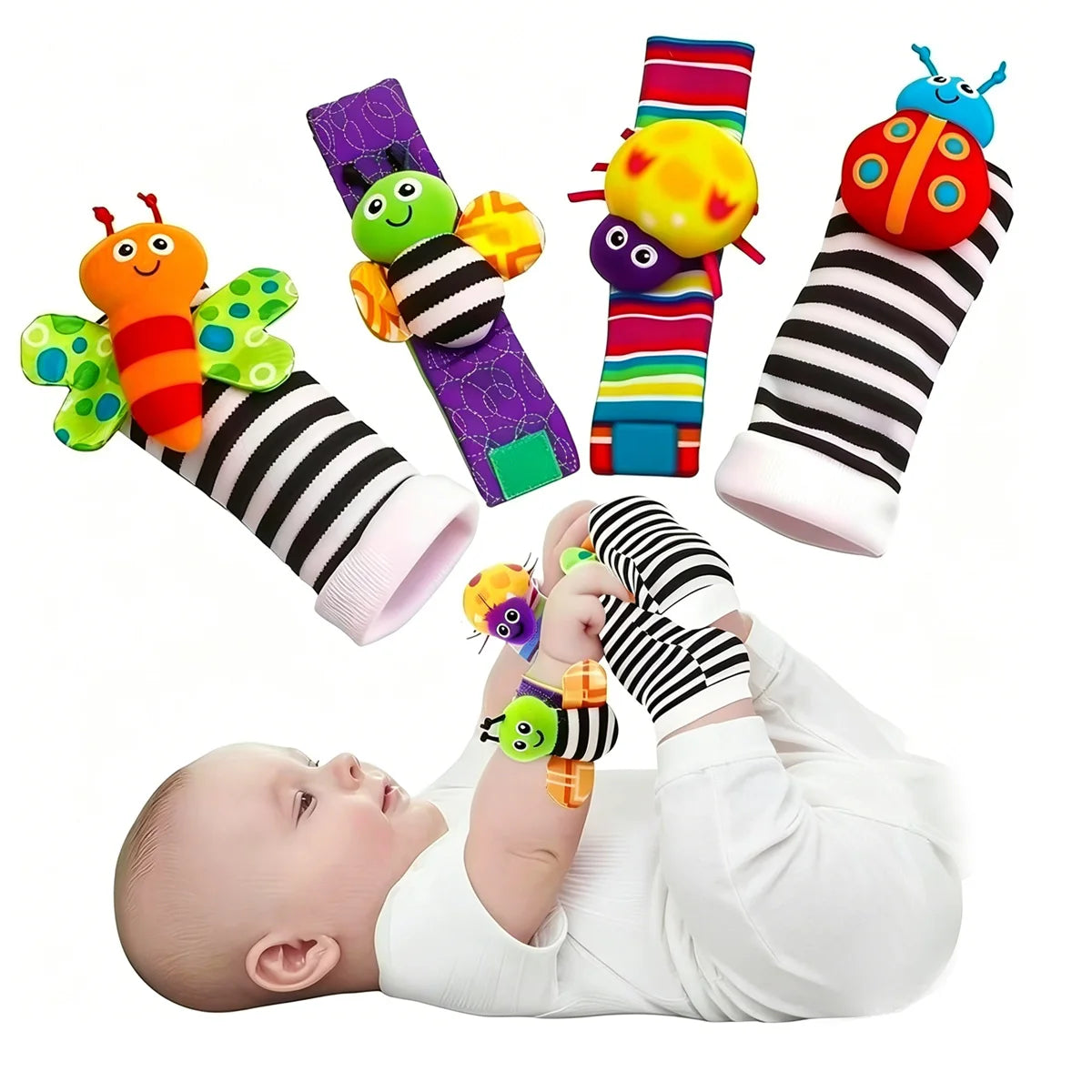 Baby Wrist Rattle & Foot Finder Socks Set (4-Piece) — Sensory Toys for Newborns