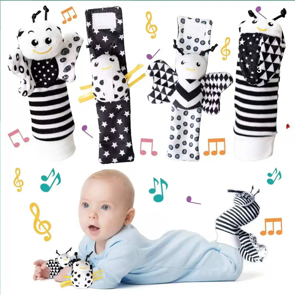 Baby Wrist Rattle & Foot Finder Socks Set (4-Piece) — Sensory Toys for Newborns